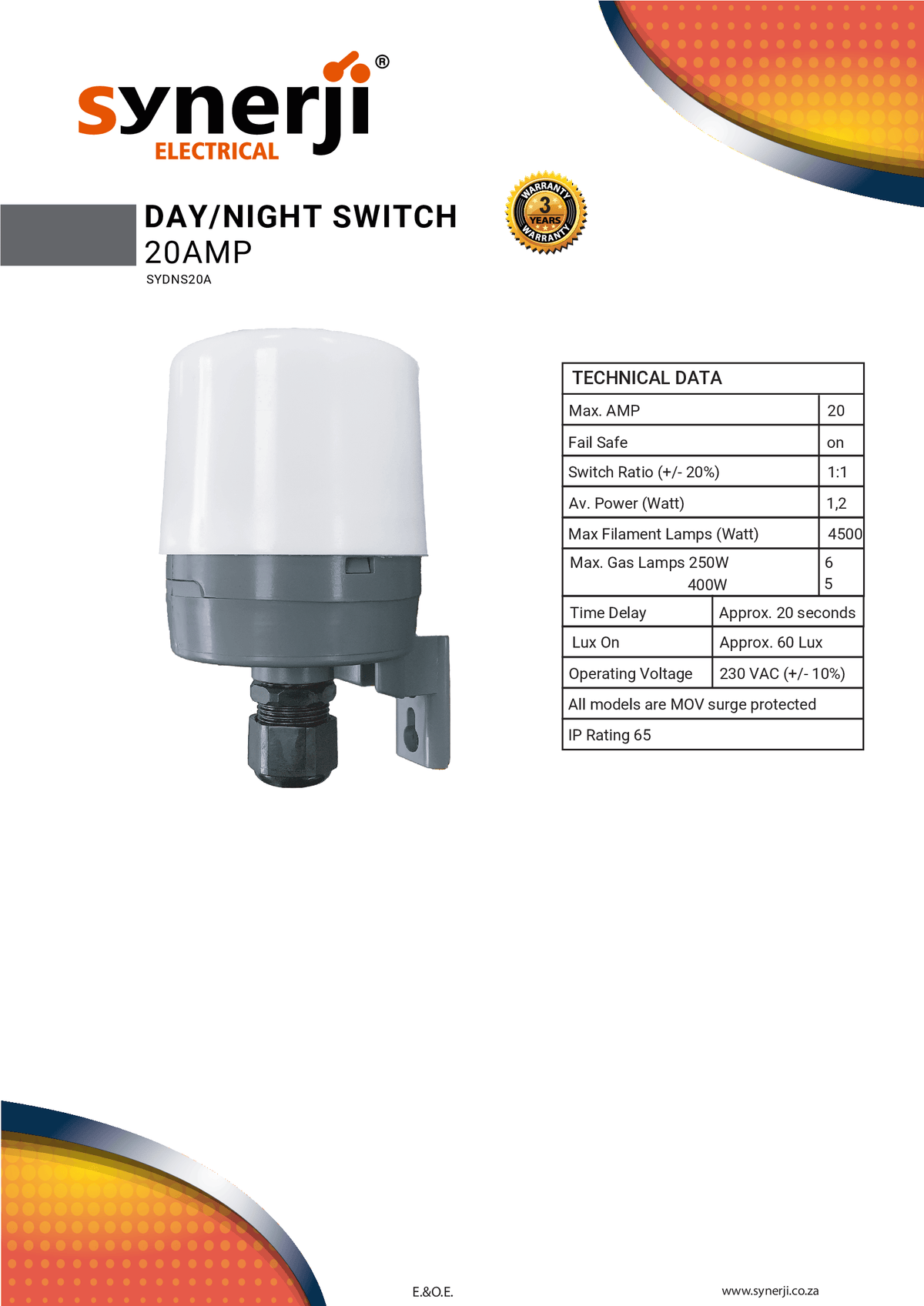 Day/Night Photocell Switch 20A – Spec Sheet – Synerji
