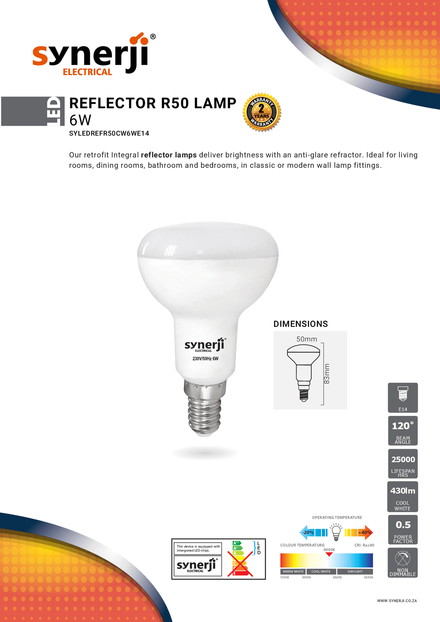 SYNERJI 6.5W REFLECTOR R50 LAMPS DIMMABLE