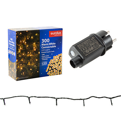 Eurolux 300 LED Connectable String Light – box packaging, power adaptor and lit string
