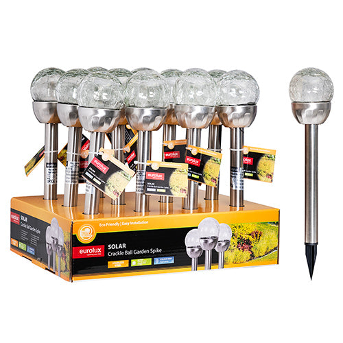 Eurolux Solar Mini Crackle Ball Garden Spike Light – display box of stake lights