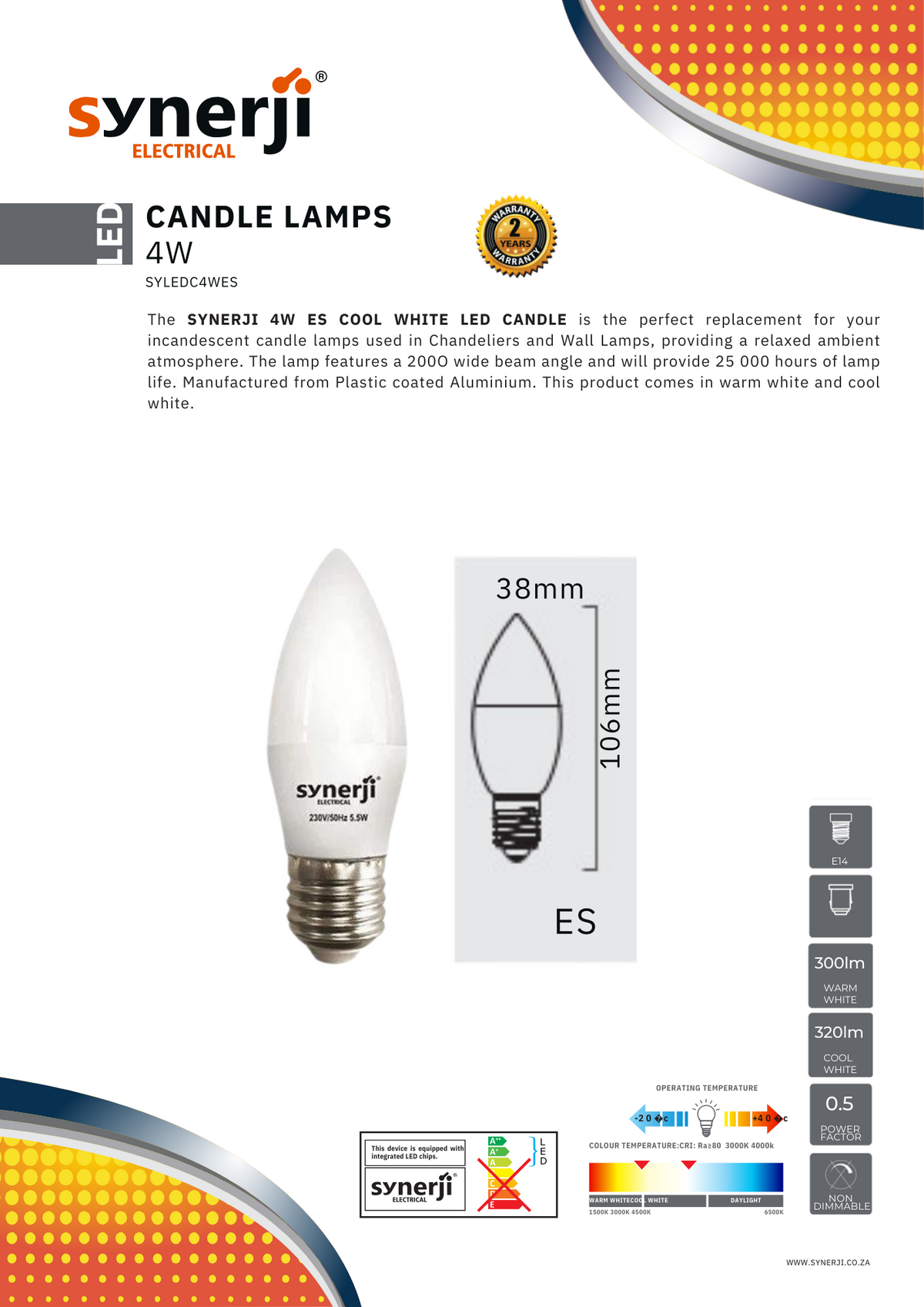 Synerji 4.2W LED Candle Bulb – ES cap data sheet