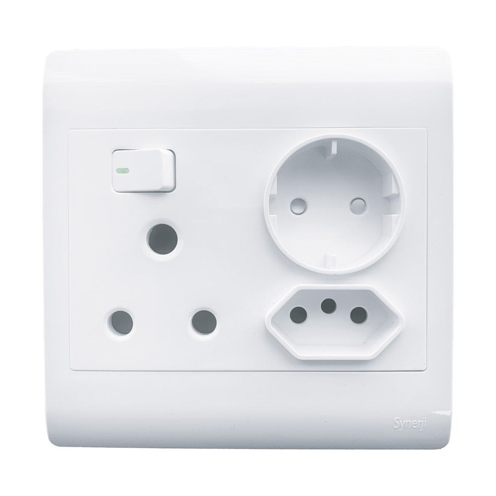Synerji 4×4 Stainless Steel Switch Socket – Single Switch + Euro + Schuko Socket