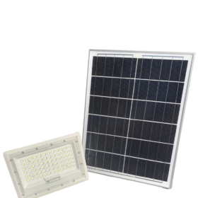 Synerji solar LED floodlight shown with its separate solar panel