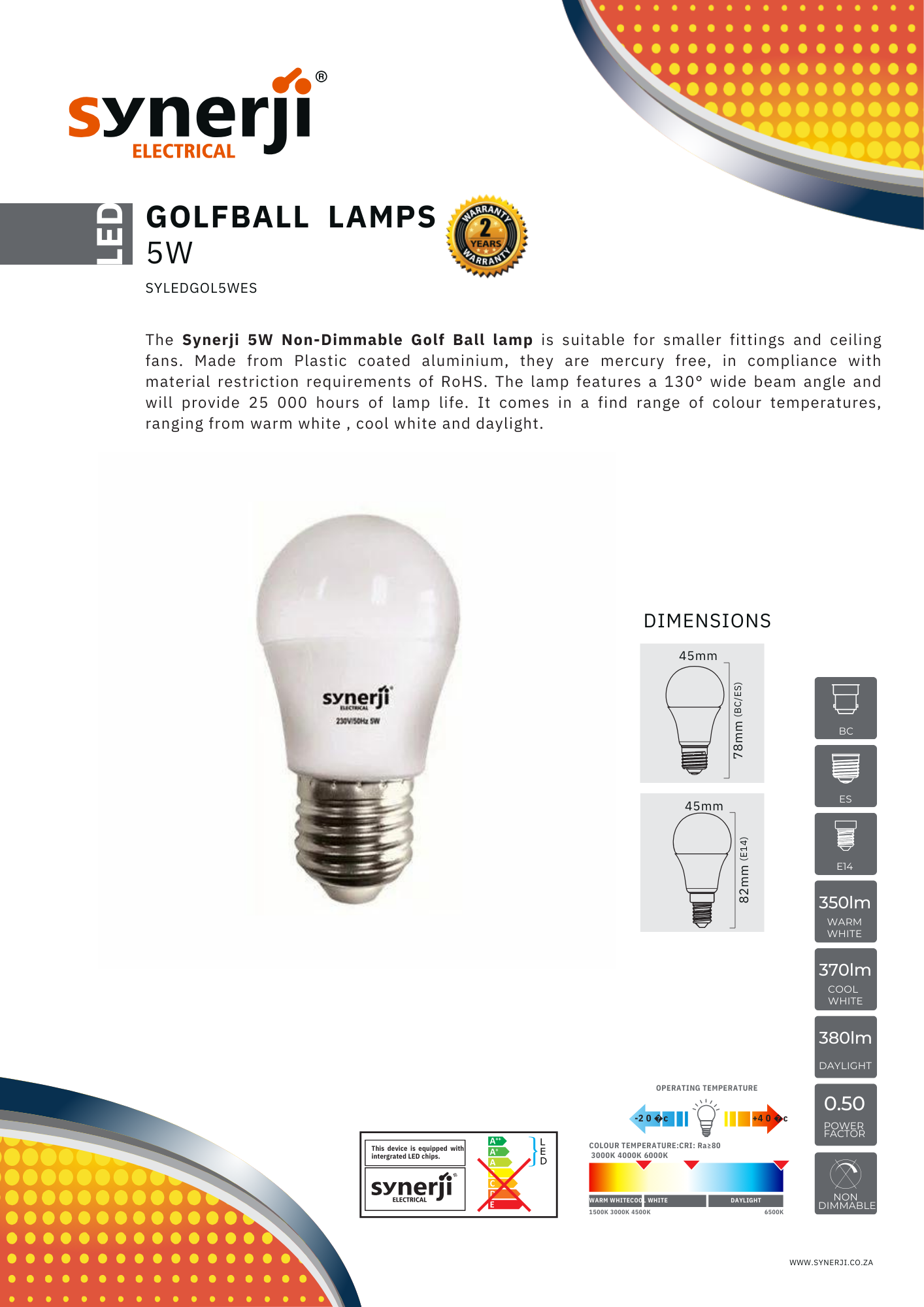 SYNERJI 5W E14 LED Golf Ball Lamps