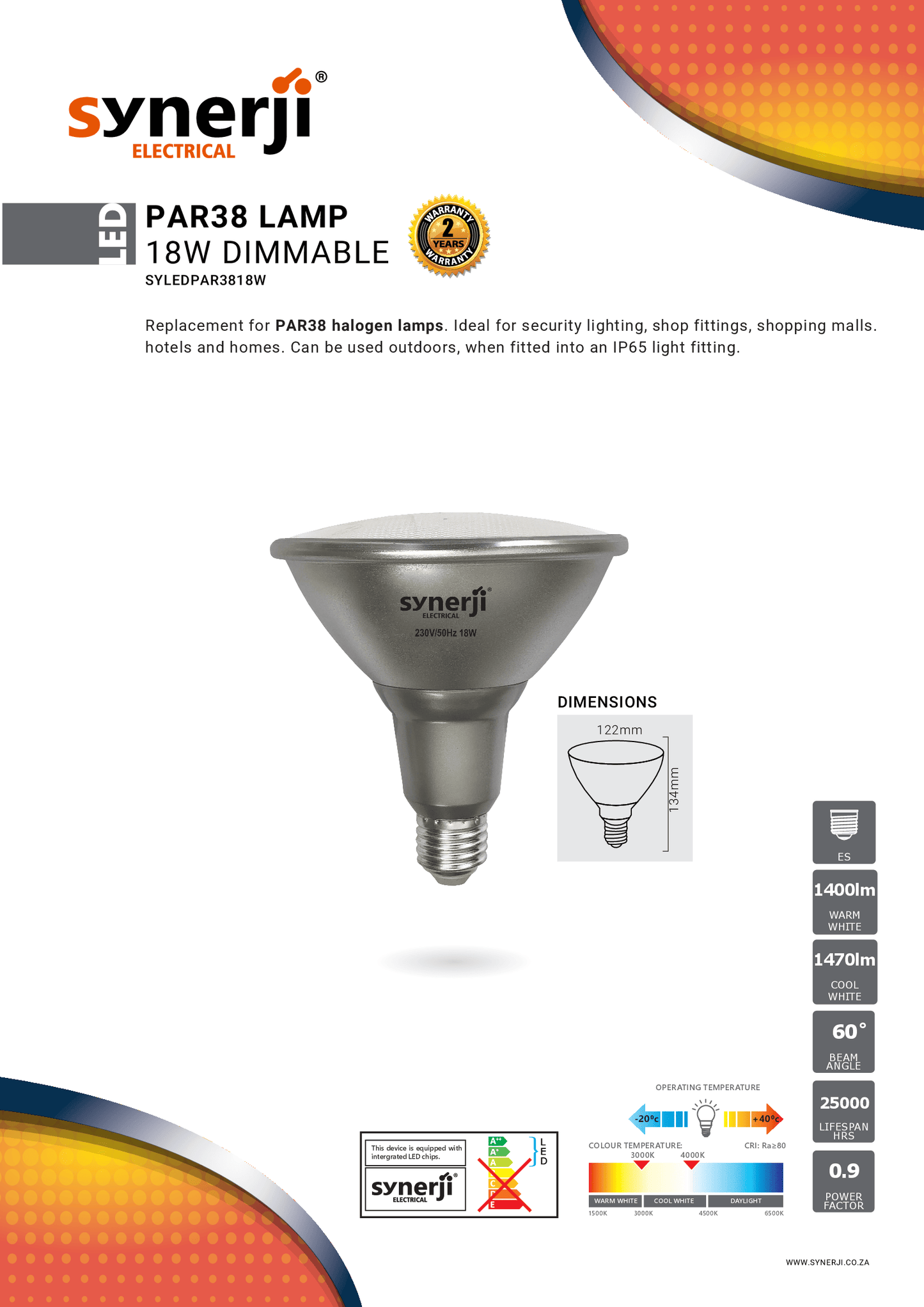 SYNERJI 18W PAR38 LAMPS DIMMABLE