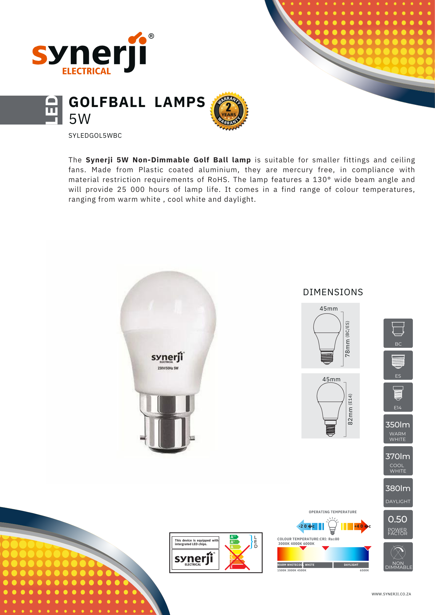 SYNERJI 5W E14 LED Golf Ball Lamps