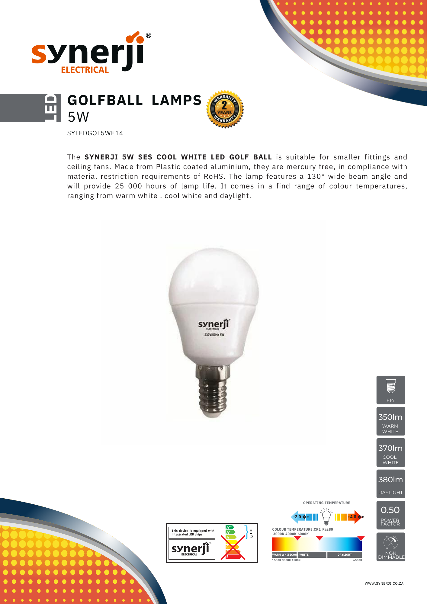 SYNERJI 5W E14 LED Golf Ball Lamps