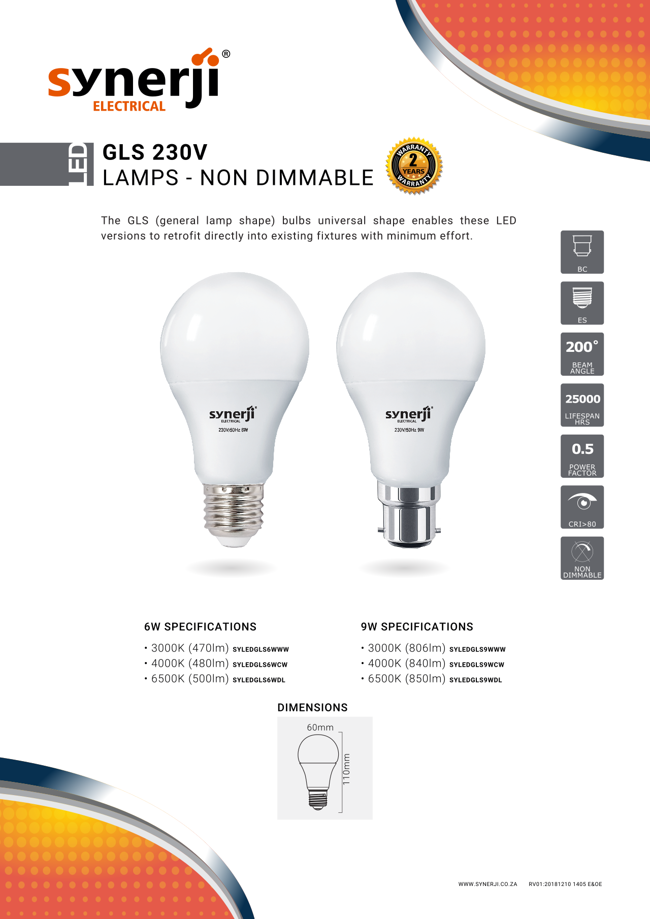 SYNERJI 10W GLS A60 Lamps DIMMABLE