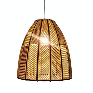 Honey Badger Burundi Panel Basket Pendant Light – lit pendant on a white background