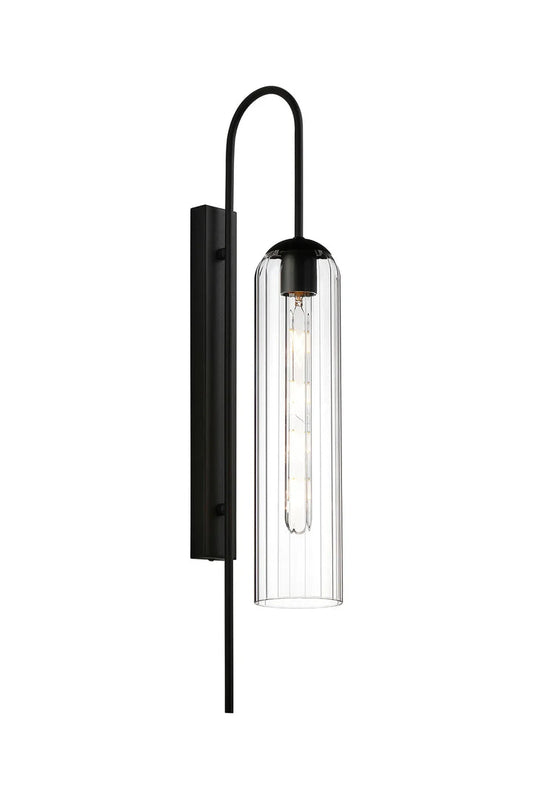 Slender Wall Light – black frame with clear glass tube, unlit