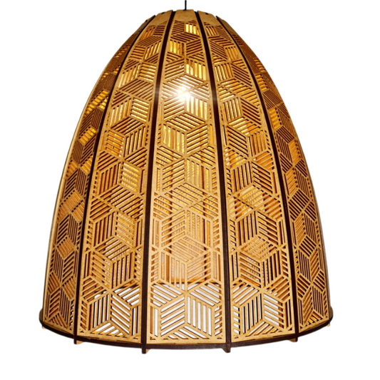 Honey Badger Morocco Panel Basket Pendant Light – lit shade showing the cut-out pattern