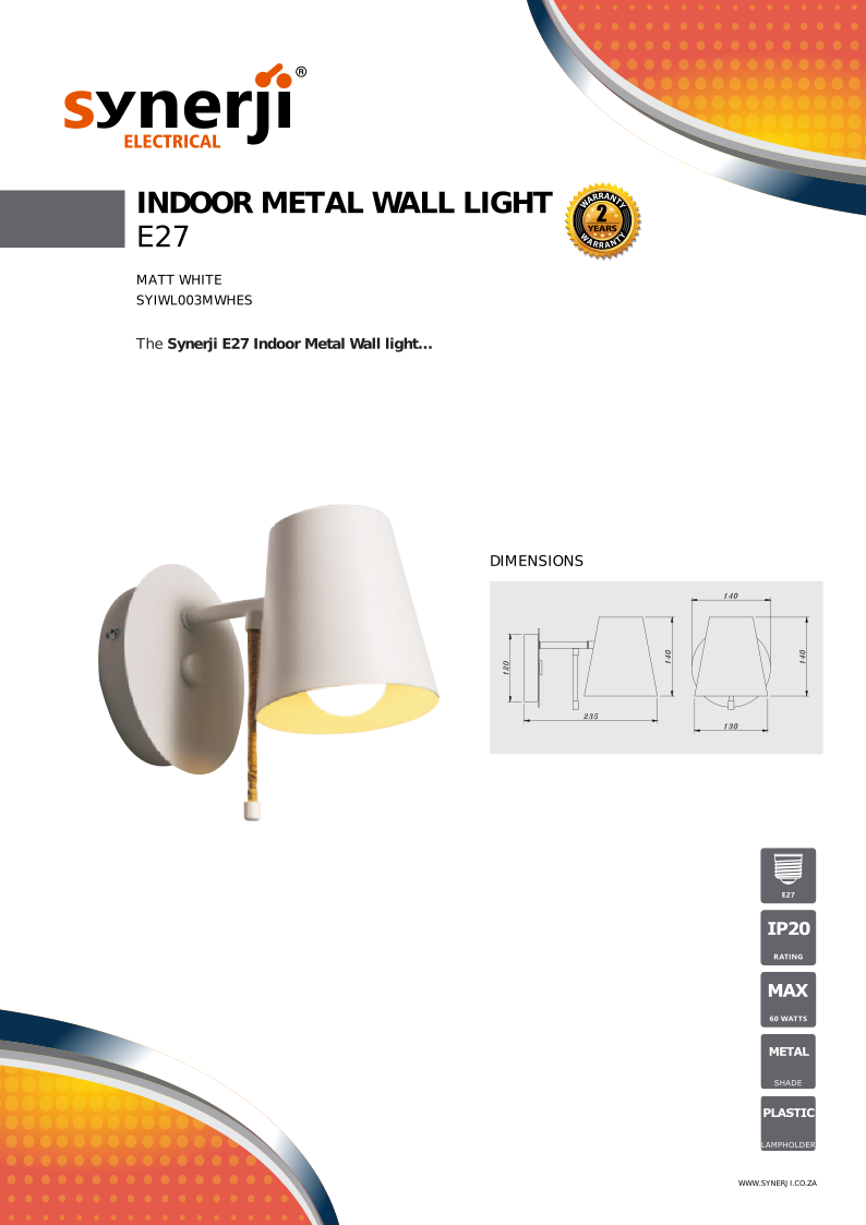 SYNERJI SYIWL03MWHES  INDOOR METAL WALL LIGHT MATT WHITE