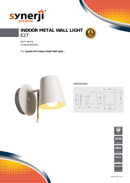 SYNERJI SYIWL03MWHES  INDOOR METAL WALL LIGHT MATT WHITE