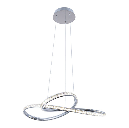 Eurolux Brillia Figure-Eight LED Pendant Light – unlit, hanging from its ceiling canopy on suspension wires