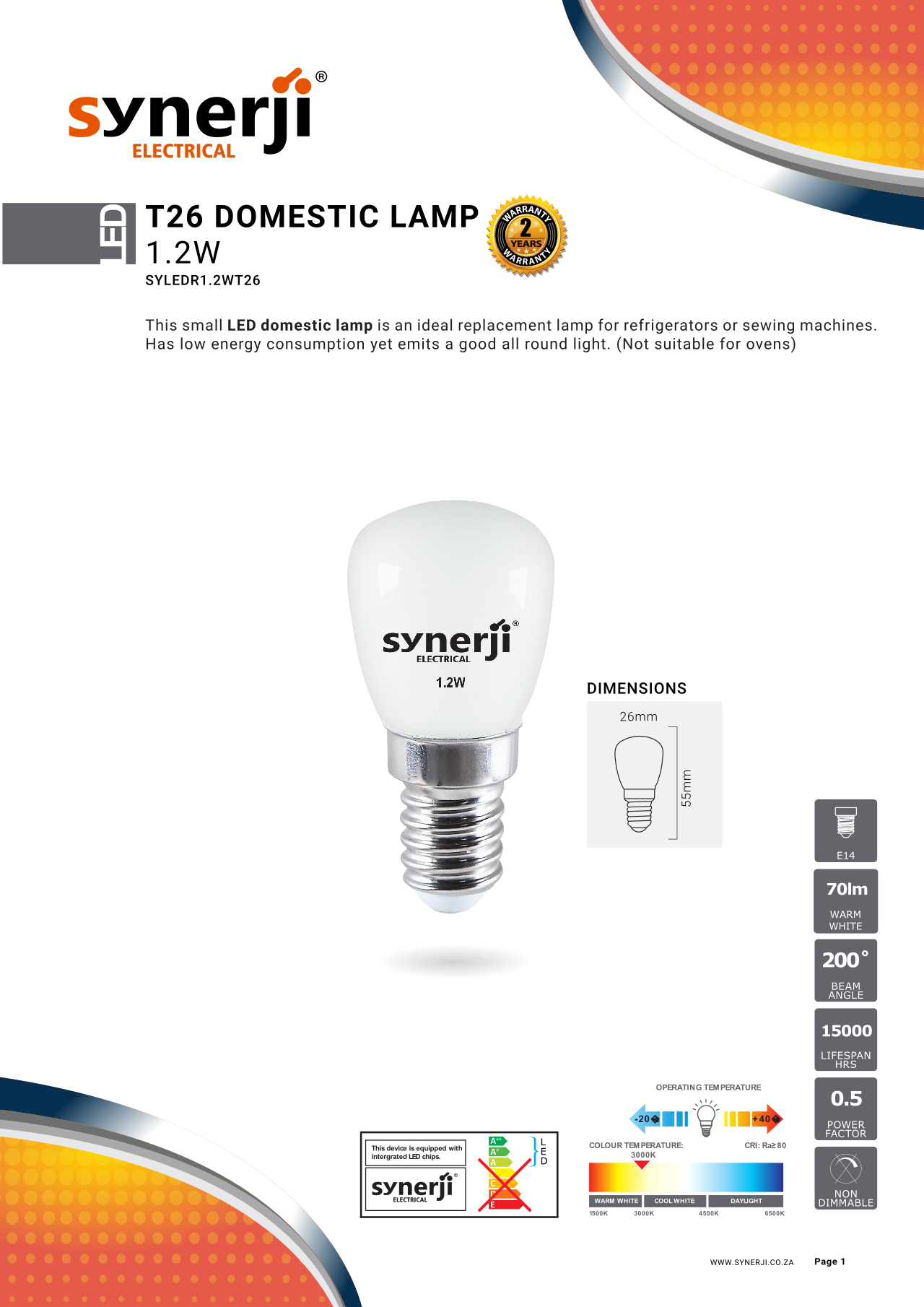 SYNERJI 1.2W T26 Domestic Lamp