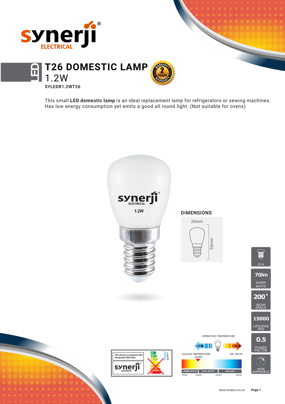 SYNERJI 1.2W T26 Domestic Lamp – Lights Online