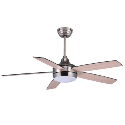 Synerji 52-Inch 5-Blade Ceiling Fan with 24W LED Light – satin chrome motor with wood-look blades and LED light