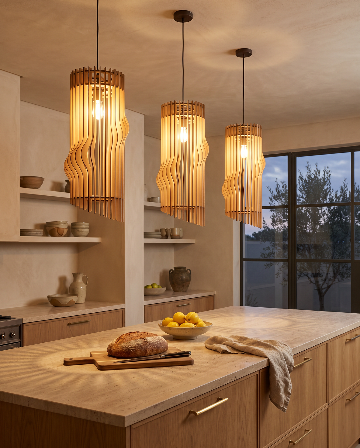 Honey Badger Tubo pendants over a travertine kitchen island