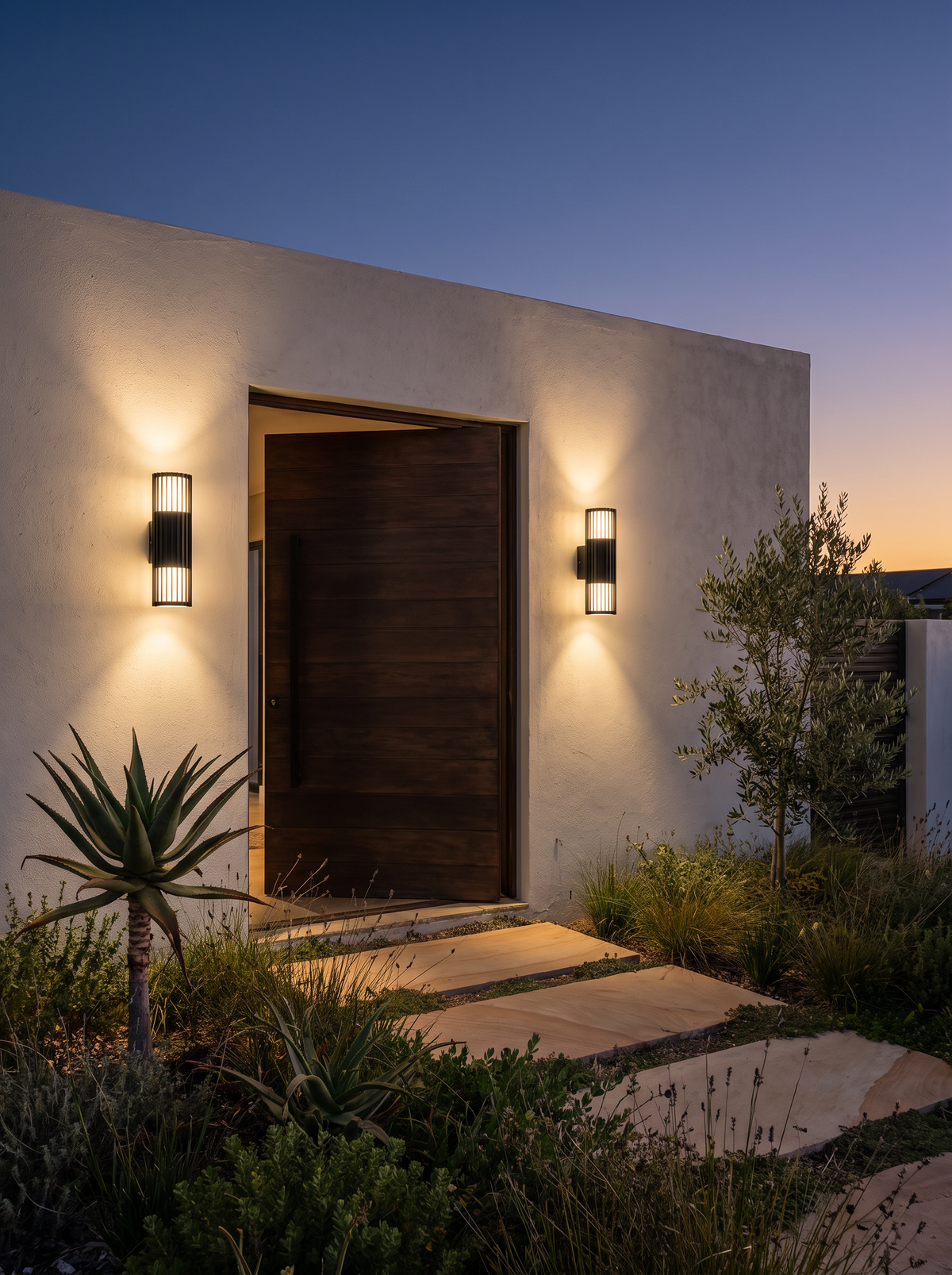 SPAZIO Paso Doblo wall lights either side of a pivot door at dusk