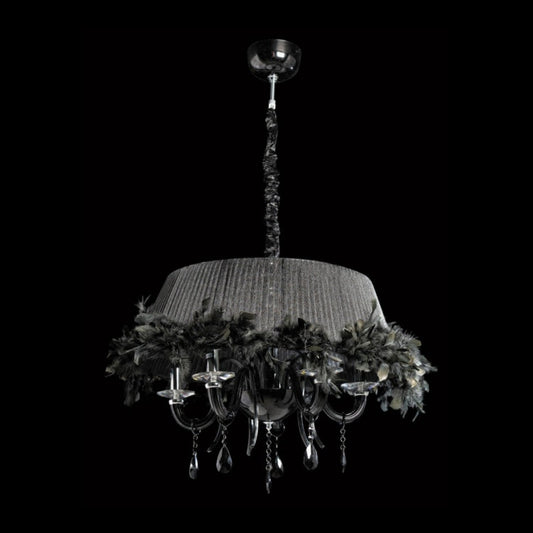 K-Light U-KLCH-9181-5/B 40W E14 5 Black Glass Arm Chandelier with Round Feather Shade