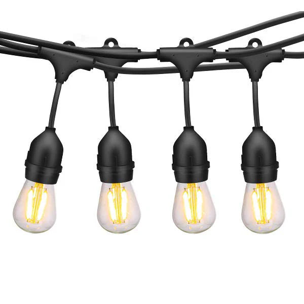 Festoon String Lights – close-up of the black lampholders with bulbs