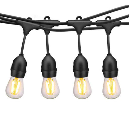 Festoon String Lights – close-up of the black lampholders with bulbs