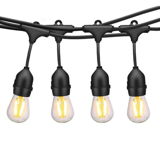 Festoon String Lights – close-up of the black lampholders with bulbs