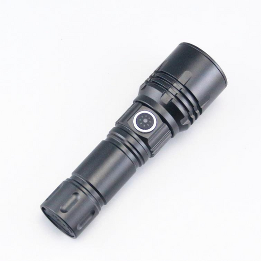 Synerji Rechargeable Aluminium Laser LED Torch – torch at an angle showing the side switch