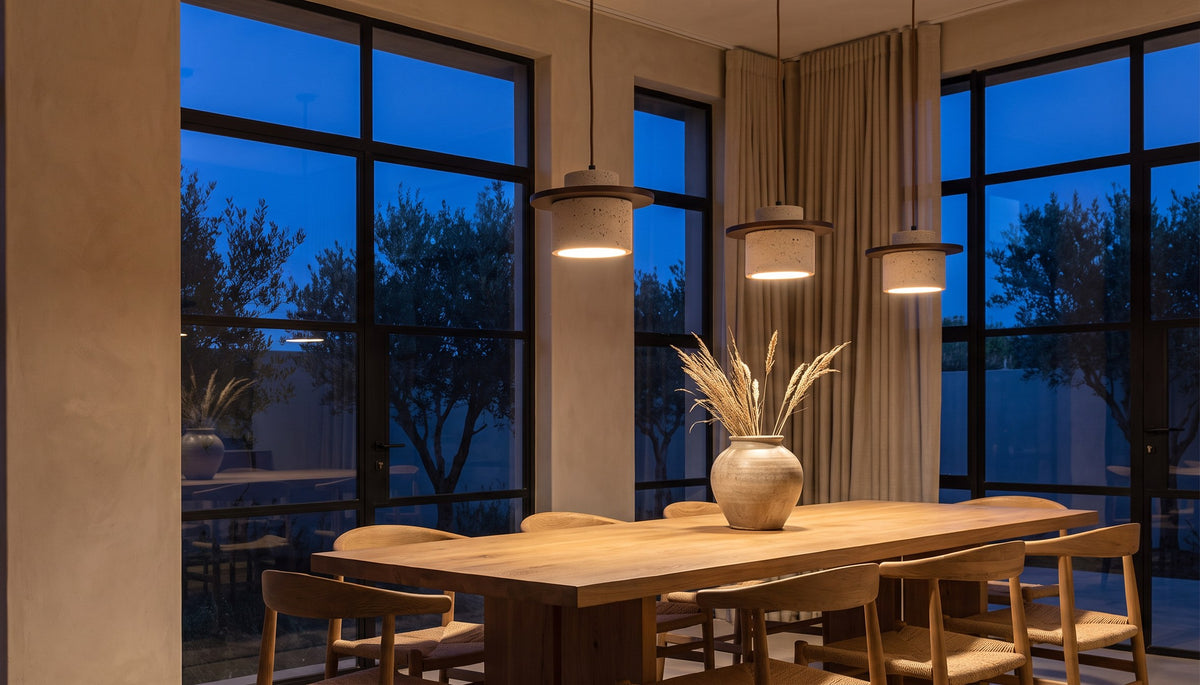 SPAZIO Seattle marble pendants over a timber dining table at dusk