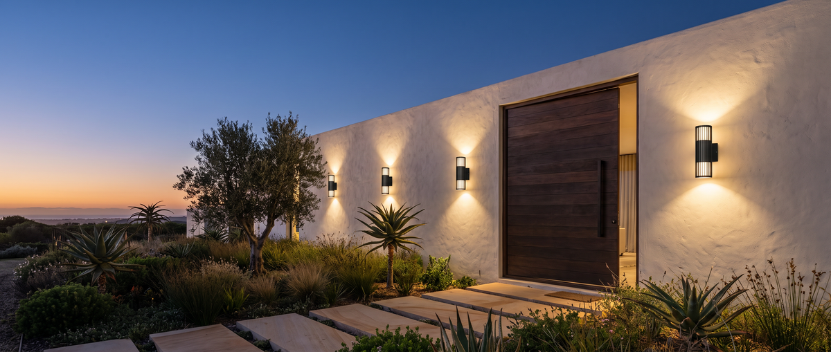 SPAZIO Paso Doblo up and down outdoor wall lights on a home facade at dusk