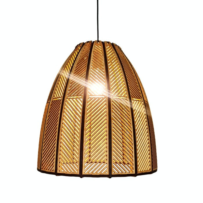 Honey Badger Burundi Panel Basket Pendant Light – lit pendant on a white background
