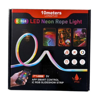 LED Neon Rope Light – retail box with the strip shown lit