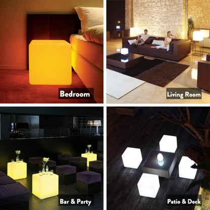 LED RGB Colour-Changing Light Cube – collage of lit cubes in a bedroom, living room, bar and patio