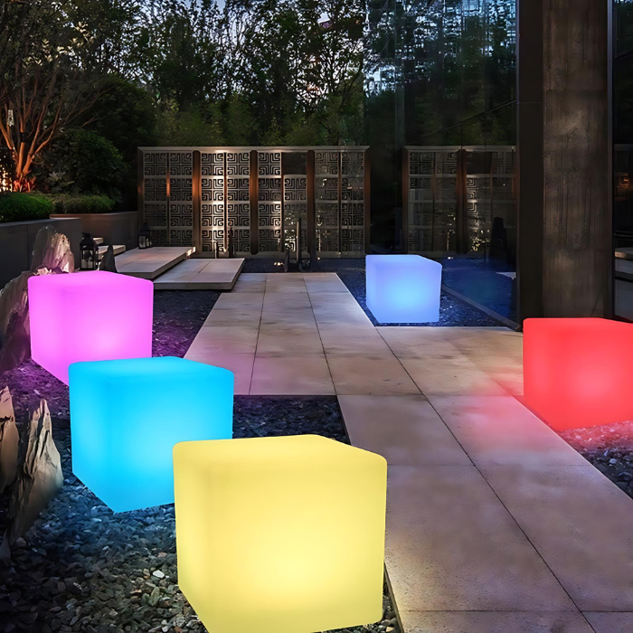 LED RGB Colour-Changing Light Cube – lit cubes in different colours on a garden path at night