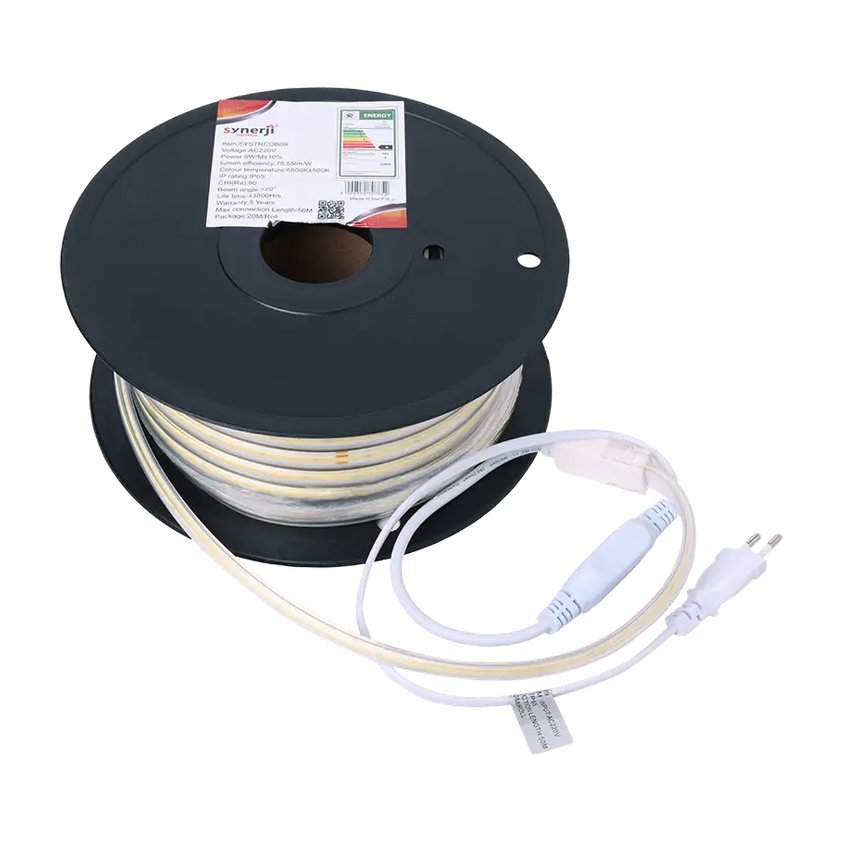 Synerji 220V COB LED strip light on its 20m reel, as supplied, with power connector