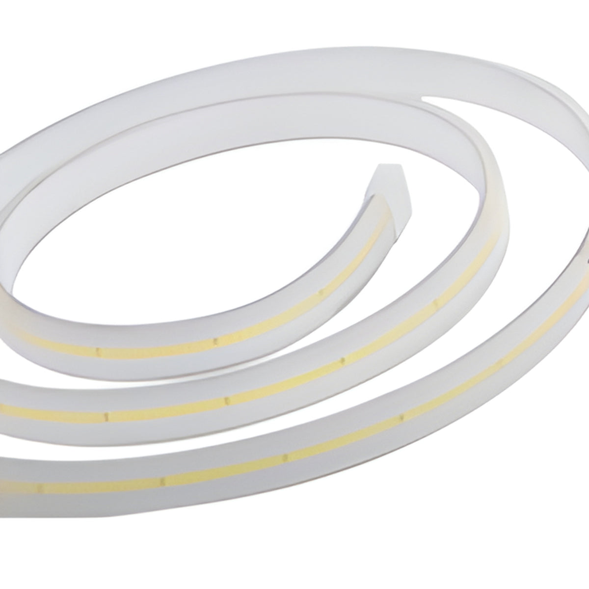 Close-up of the Synerji COB LED strip showing the continuous LED line in its white silicone sleeve