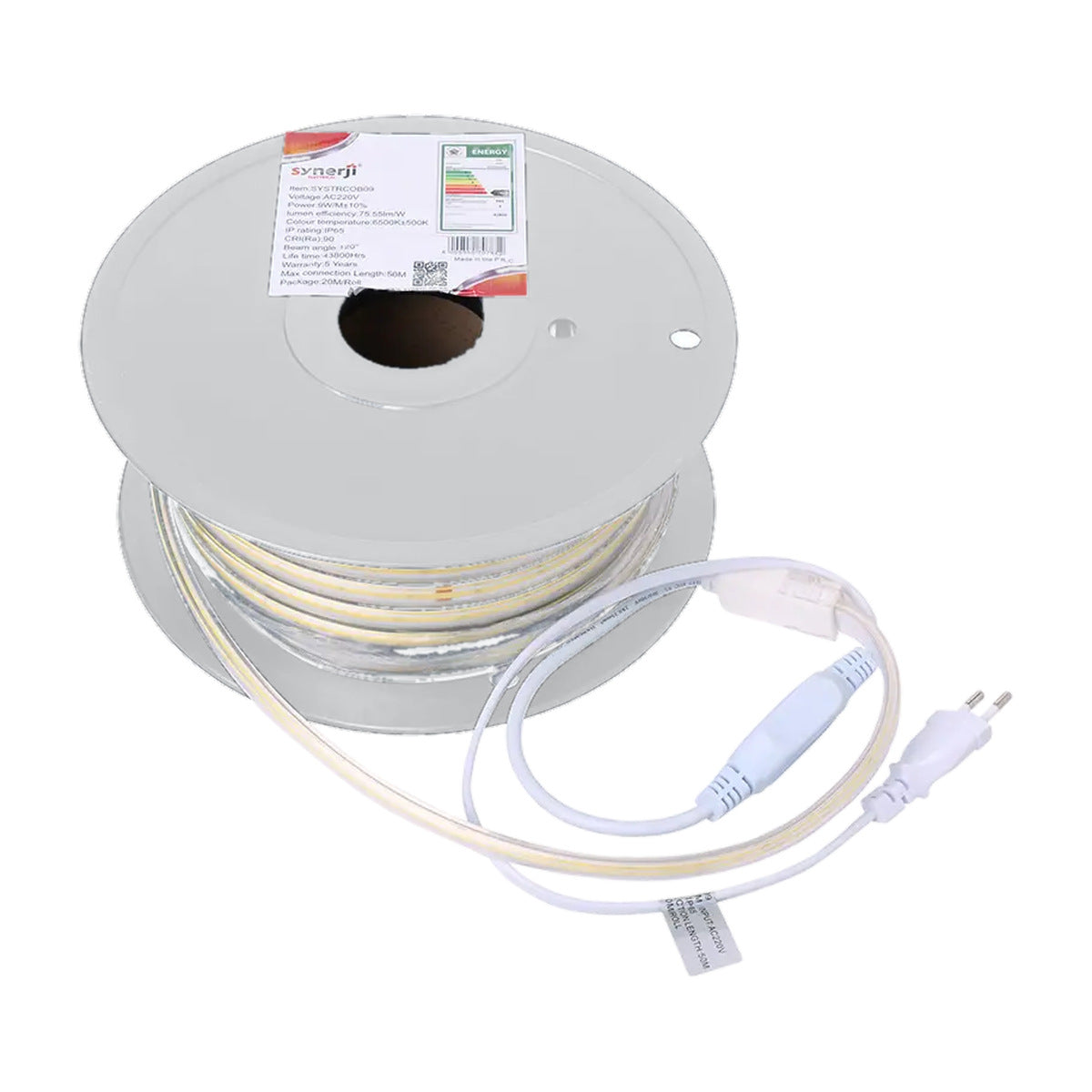 Synerji 220V COB LED strip light, 20m roll with power cord and plug