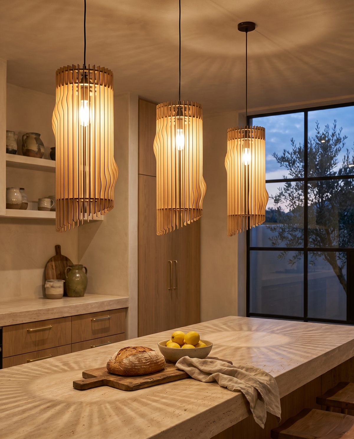 Honey Badger Tubo natural pine pendants in a warm kitchen