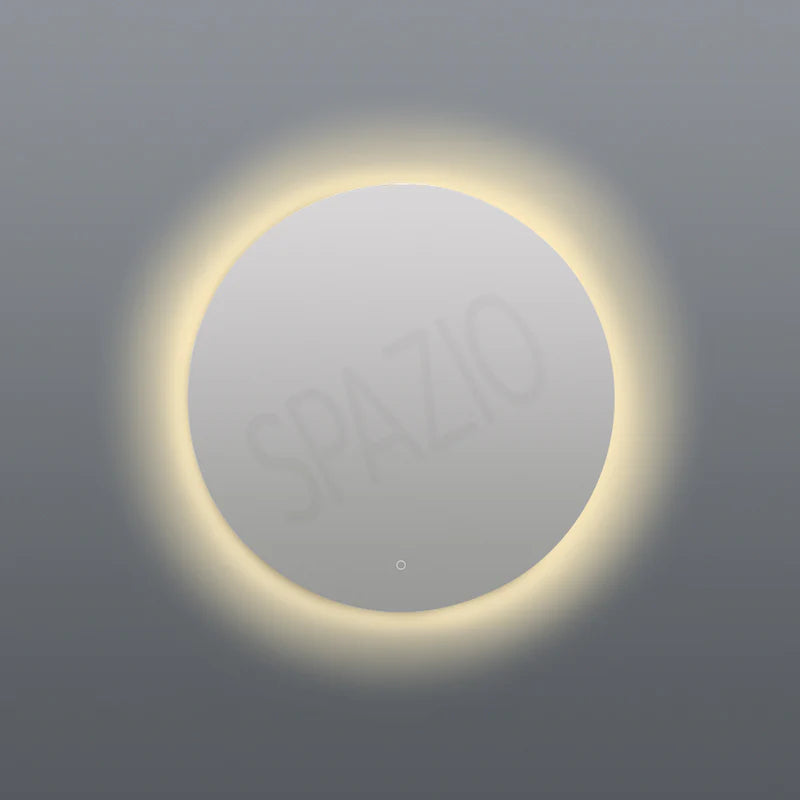 SPAZIO Como Round Back-Lit LED Mirror – lit mirror with a warm glow on a grey wall