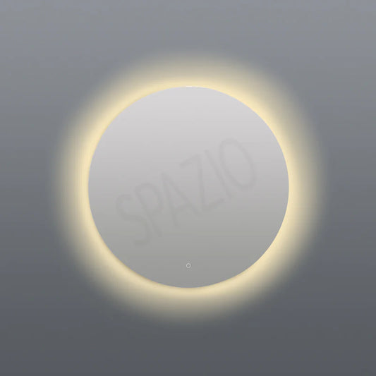 SPAZIO Como Round Back-Lit LED Mirror – lit mirror with a warm glow on a grey wall