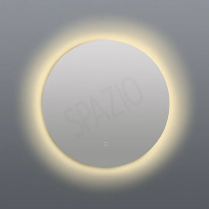 SPAZIO Como Round Back-Lit LED Mirror – lit mirror with a warm glow on a grey wall