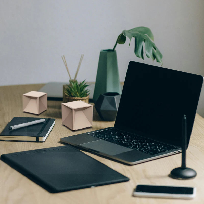 SPAZIO Cubox Mini Rechargeable Dimmable Table Lamp – two cubes on a desk beside a laptop