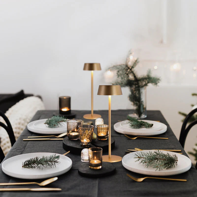 SPAZIO Lola Pro Rechargeable Cordless Table Lamp – gold lamps on a dinner table