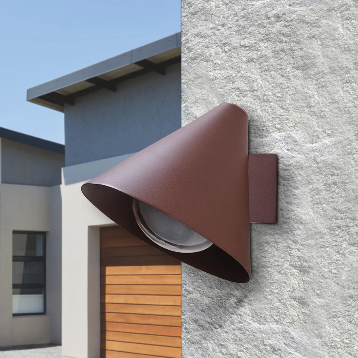 SPAZIO Railroad 1 Outdoor Wall Light – Corten finish on a rendered outdoor wall