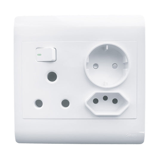 Synerji 4×4 Stainless Steel Switch Socket – Single Switch + Euro + Schuko Socket