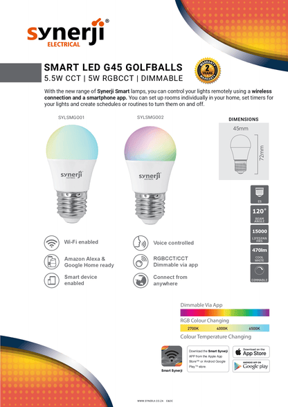 Synerji 5.5W Smart LED Golf Ball Globe – product data sheet showing the lamp colours