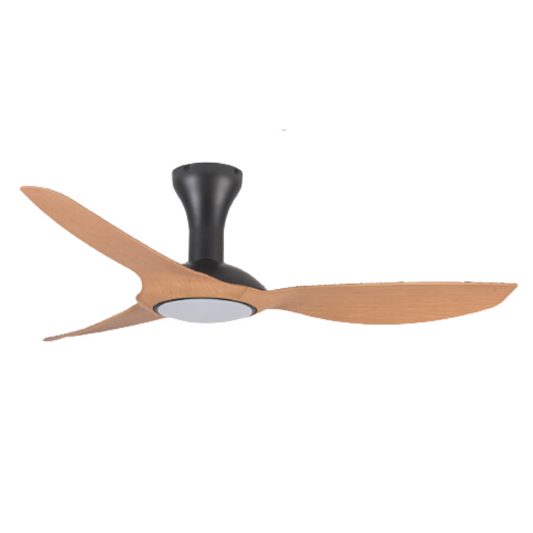 Synerji 52-Inch 3-Blade Ceiling Fan with LED Light – black motor with light wood-look blades, side view