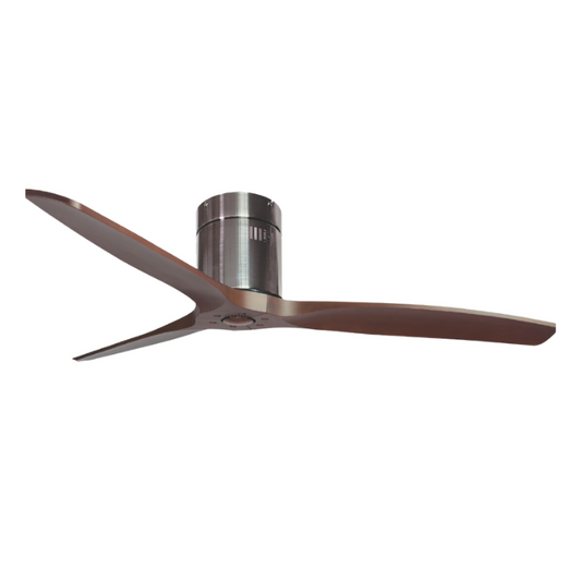 Synerji 52-Inch 3-Blade Ceiling Fan – satin chrome motor with dark wood-look blades, side view