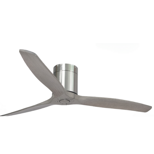Synerji 52-Inch 3-Blade Ceiling Fan – satin chrome motor with grey wood-look blades, side view