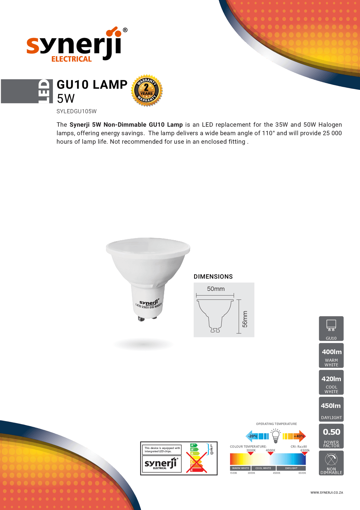 Synerji 5W Non-Dimmable LED Lamp – product data sheet